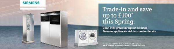 Trade in your old large electrical appliance and save up to £100 on new Siemens appliances.